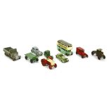 Nine various toy vehicles, including Dinky Double Decker Dunlop Tyres; two by Tootsie toys; two