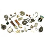 A collection of items, to include a white metal Ingersoll Radiolite pocket watch, with black dial, a