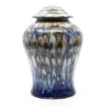 A Cobridge stoneware trial vase and cover, by Anita Harris, with a streaked blue, brown and white