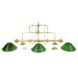 A snooker ceiling light, with three green conical shades, 162cm wide