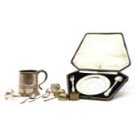 A collection of silver items, to include a Mappin & Webb tankard, a cased christening set, various