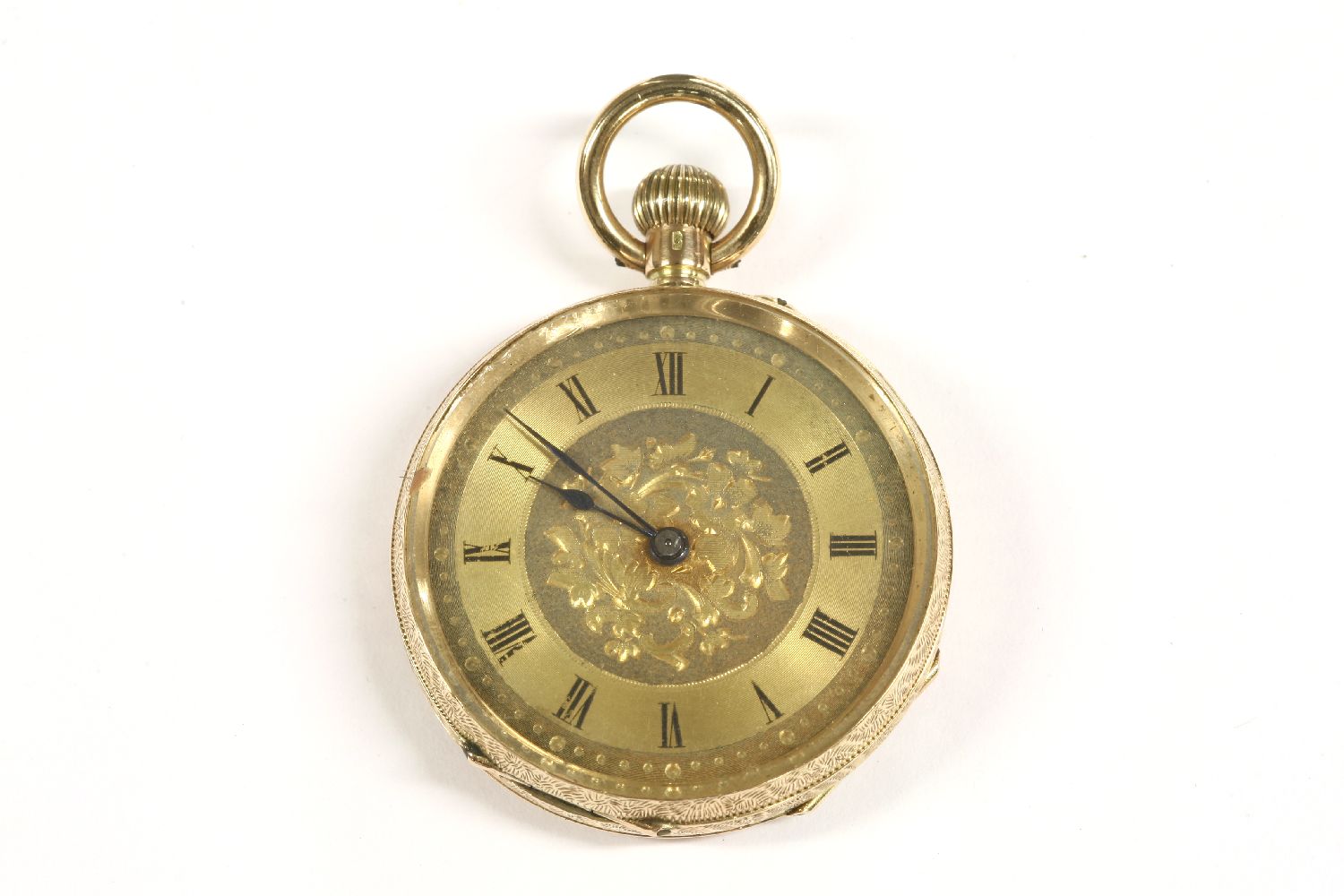 A Swiss gold open faced fob watch, marked K18, white enamel dial, blue Roman numerals (hands loose),