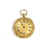 A gold Continental key wound open faced fob watch, marked k18, 36mm diameter, with Roman numerals,