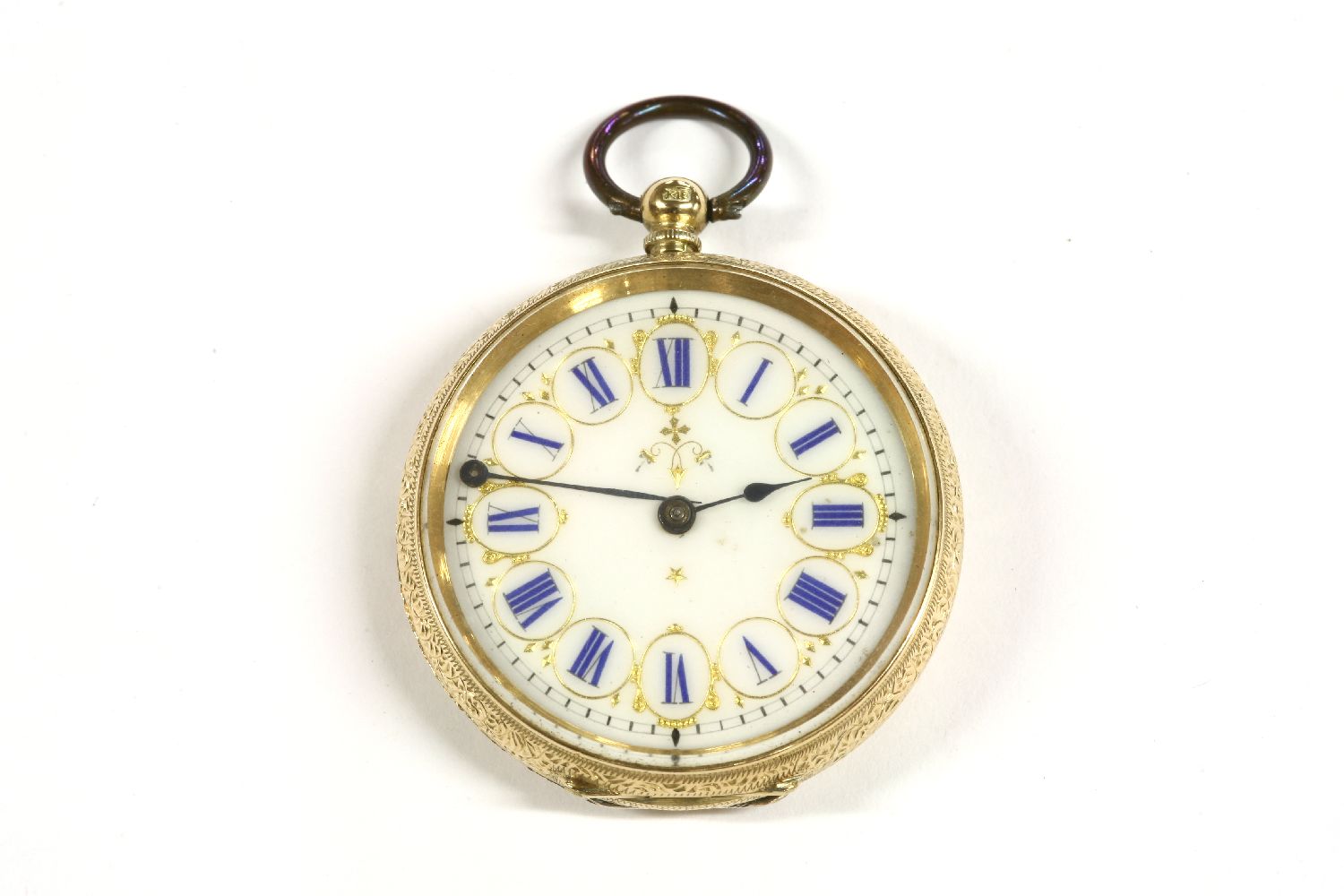 A Swiss gold open faced fob watch, marked K18, white enamel dial, blue Roman numerals (hands loose), - Image 3 of 4