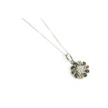 A white gold diamond cluster pendant, on trace chain, vari-coloured diamonds, set to a floral