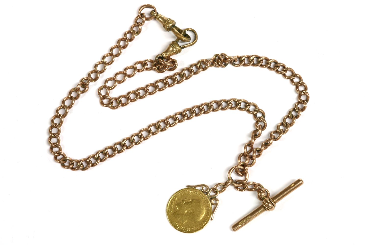 A 9ct gold double Albert with T-bar, and replacement gilt metal swivel clips, and a 1913 half