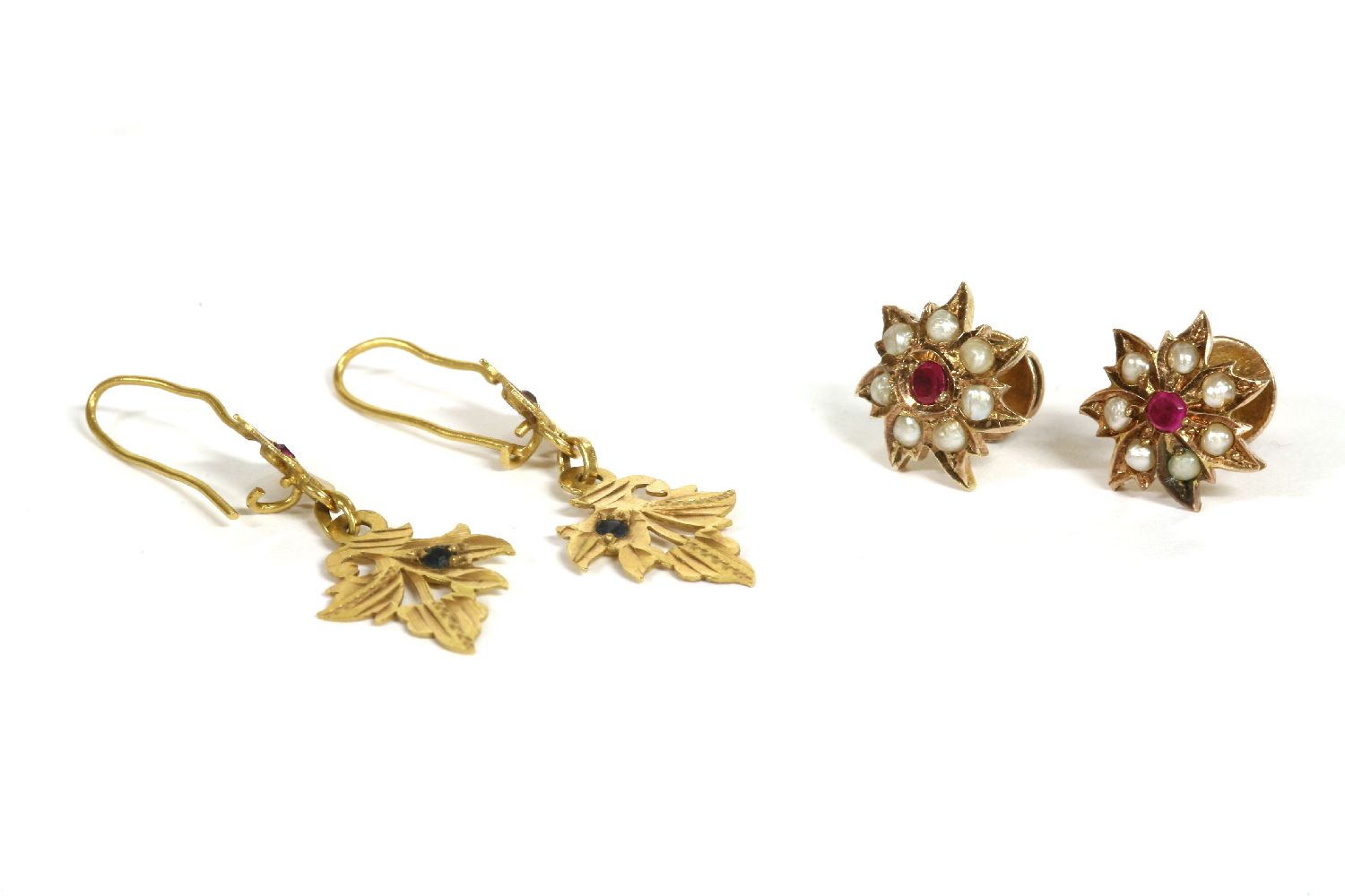 A pair of Indian gold synthetic ruby and split pearl floral cluster earrings, with post and screw