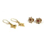 A pair of Indian gold synthetic ruby and split pearl floral cluster earrings, with post and screw