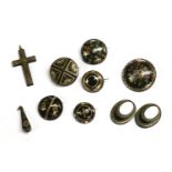 A collection of pique work, to include five Victorian pique work brooches, including a domed