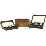 A 19th century walnut Tunbridge ware tea caddy, together with two cased silver cruet sets and a