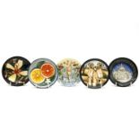 Five Moorcroft coasters, 'Panache', 'Window of the World', 'Rapunzel', 'Meercats' and 'Florida',