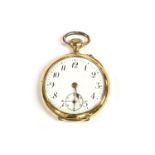 A ladies gold open faced pocket watch, with engraved initials to case, white enamel dial, Arabic