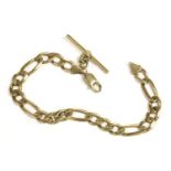 An Italian 9ct gold Figaro chain bracelet with T-bar, clasp damaged and links worn, 21.77g