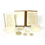 European market ivory items, engine turned box, pieced box, crucifix, two ladies note books, and