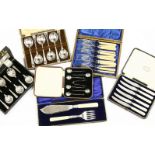 A collection of silver and silver plated items, to include cased knife, coffee and fish sets (Qty.)