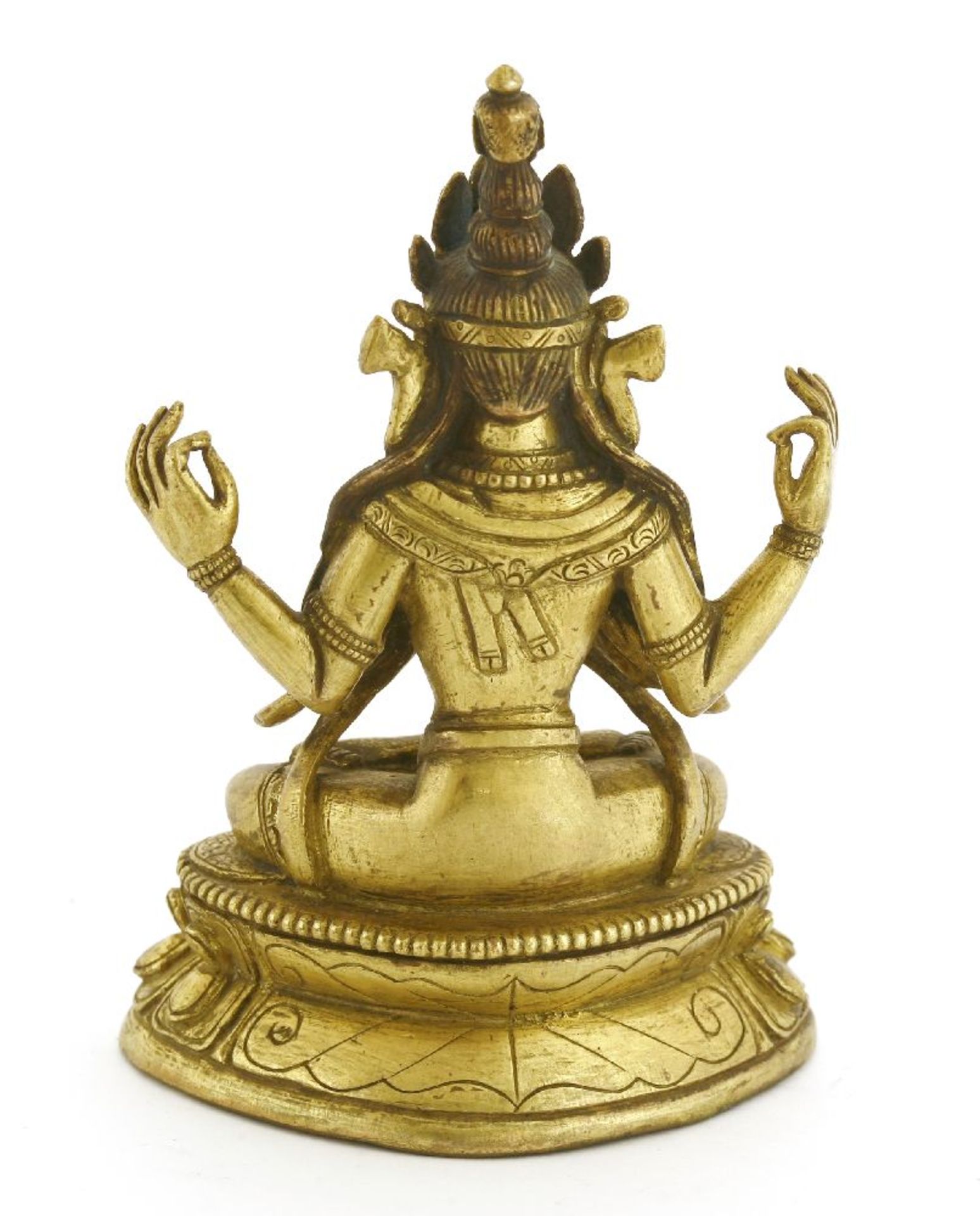 A bronze bodhisattva, seated cross-legged on a lotus pedestal, 10cm high - Image 2 of 3