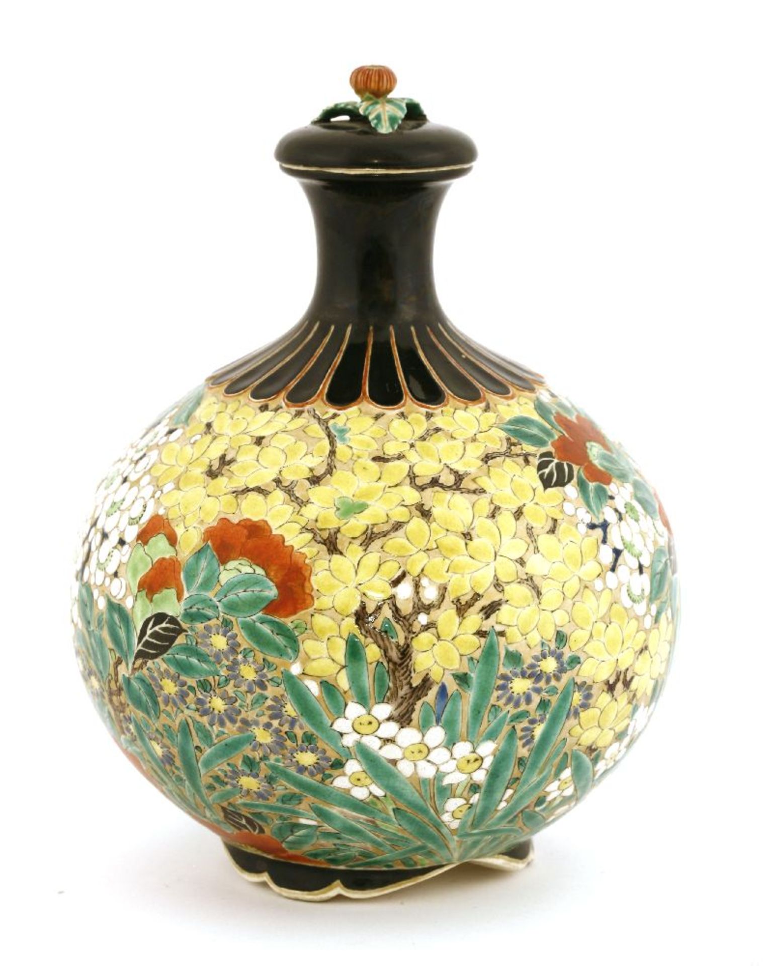 A Japanese vase and cover,Meiji period (1868-1912), the globular body on lobed feet, painted in - Image 2 of 2