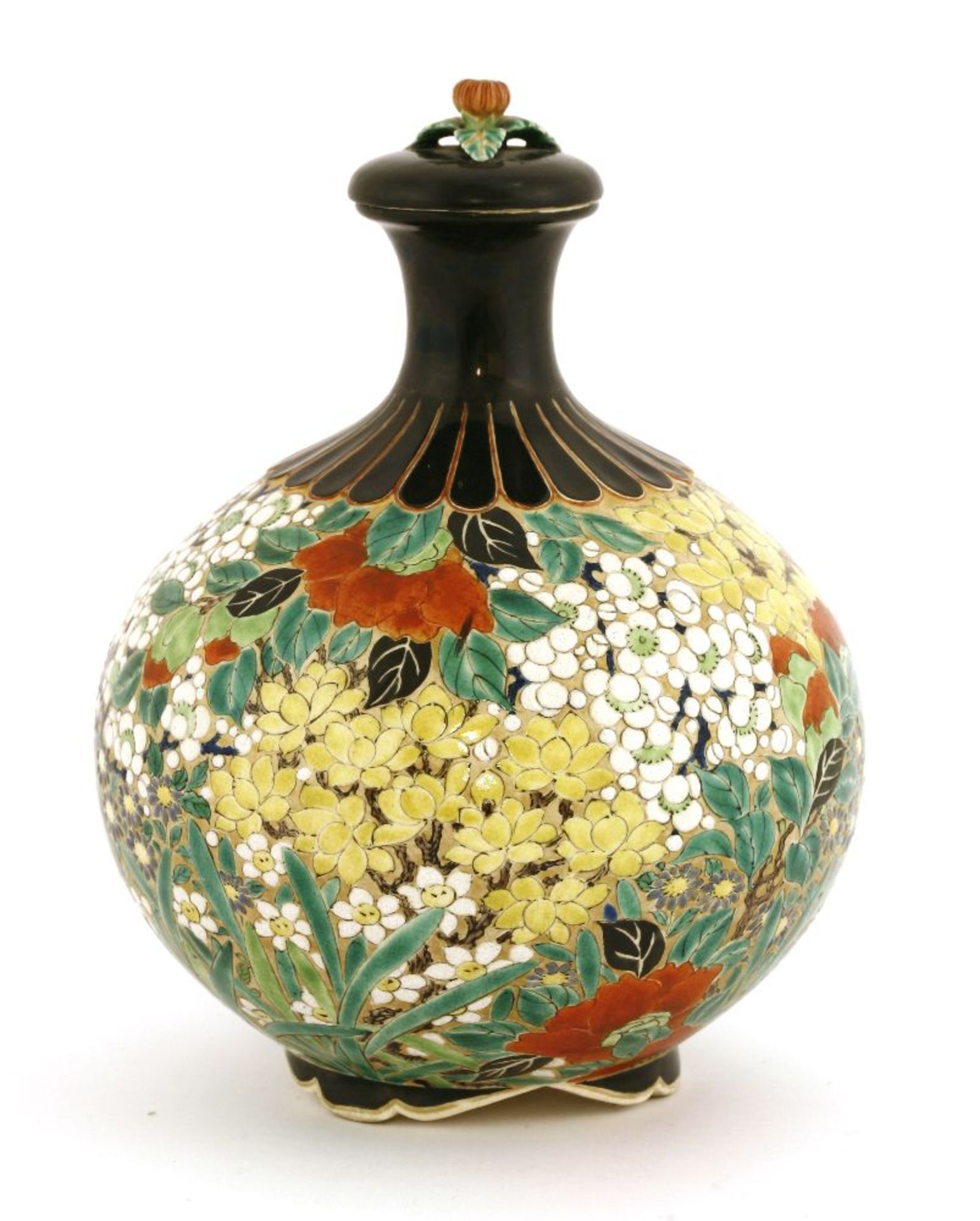 A Japanese vase and cover,Meiji period (1868-1912), the globular body on lobed feet, painted in