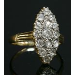 A late Victorian diamond set marquise cluster ring,with graduated old brilliant cut and one