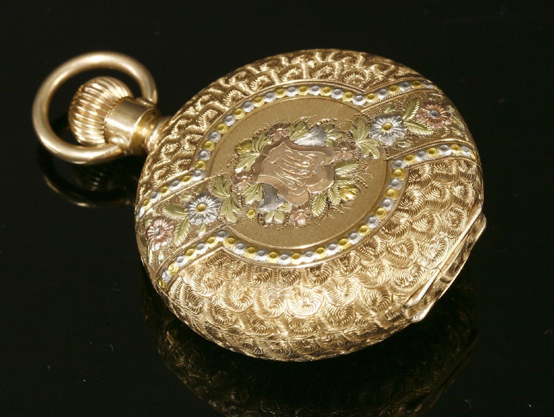 An American, Elgin mechanical side wind four colour gold hunter pocket watch, 39mm diameter, an - Image 2 of 5