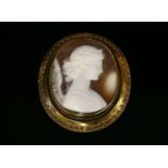 A Victorian Etruscan-style cased gold shell cameo brooch/pendant, c.1860,depicting the profile of an