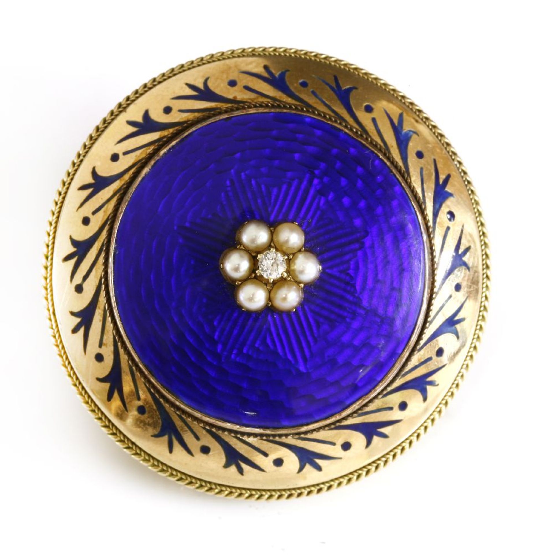 A Victorian diamond, split pearl and enamel, circular shield form brooch, c.1850,with a circular - Image 2 of 2