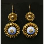 A pair of Victorian gold, split pearl and enamel flower head drop earrings, with a raised circular