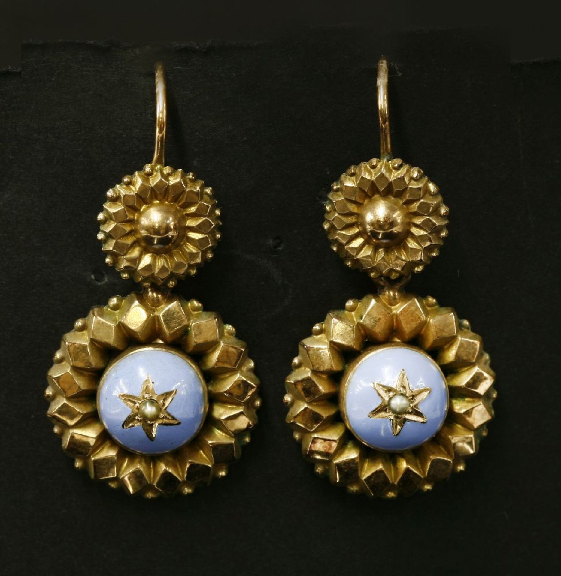 A pair of Victorian gold, split pearl and enamel flower head drop earrings, with a raised circular