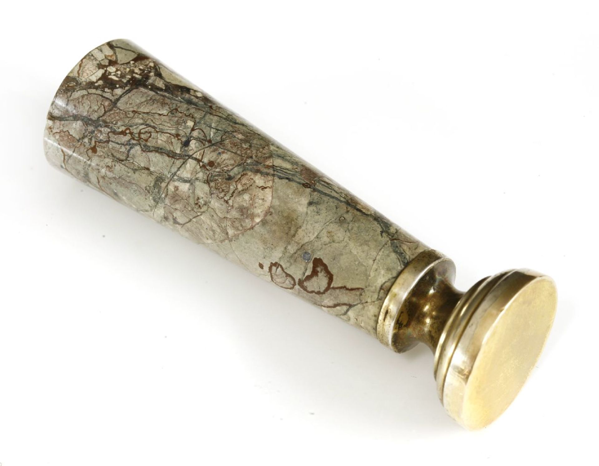 A Continental silver gilt hardstone desk seal,with a tapered cylindrical handle, with a blind base - Image 2 of 3