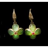 A pair of ruby and chrysoprase cluster drop earrings,with a faceted ruby, grain set to the centre. A