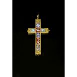 A gold Archaeological Revival micromosaic cross, c.1870,of flat section Latin form. A central