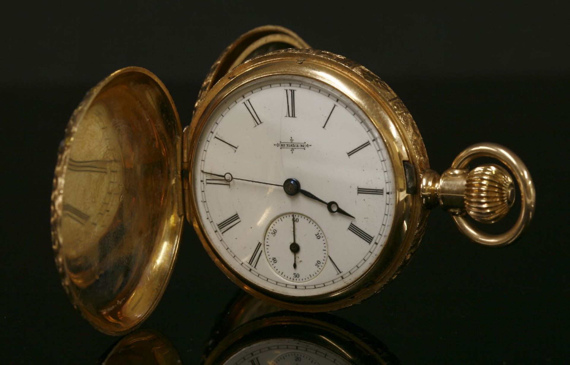 An American, Elgin mechanical side wind four colour gold hunter pocket watch, 39mm diameter, an - Image 4 of 5