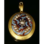 A Victorian gold Renaissance Revival pearl, diamond and polychrome enamel pendant locket, with a