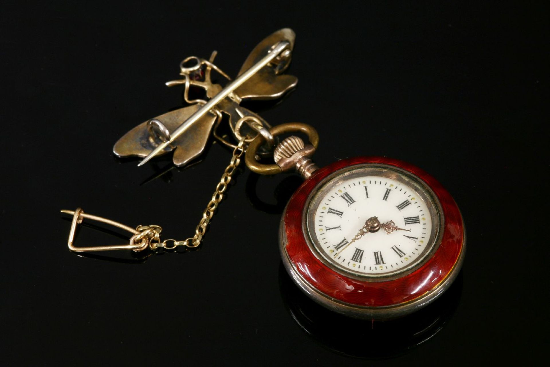 A Continental silver enamel fob watch,white enamel dial with Roman numerals, with gold hands. A - Image 2 of 2