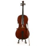 An early 20th century Continental cello, length of back 76.5cm, complete with bow and soft case