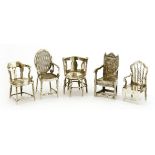 Five Edwardian miniature silver chairs,engraved with various authors' and poets' names: Tennyson (