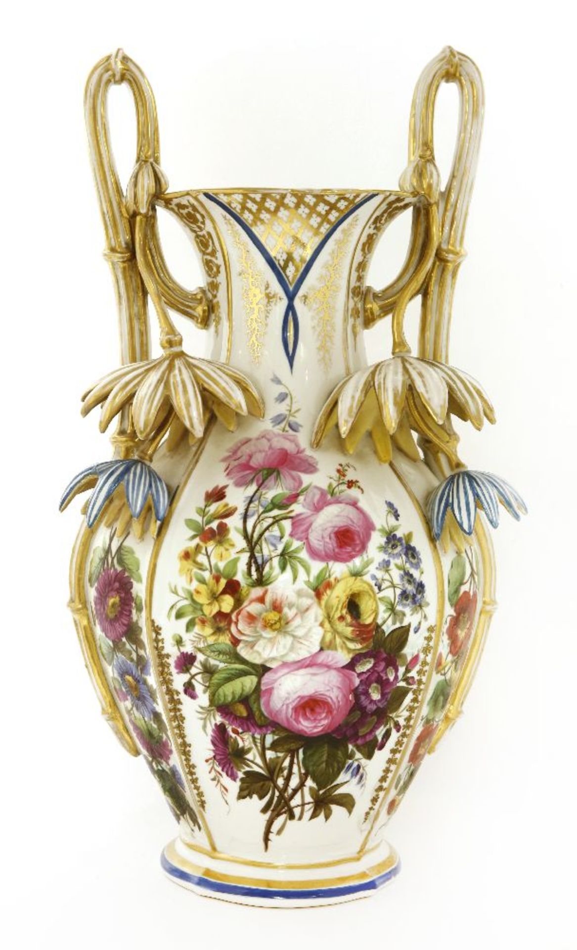 A Napoleon III Paris porcelain twin-handled vase,with simulated bamboo loop handles over a palm