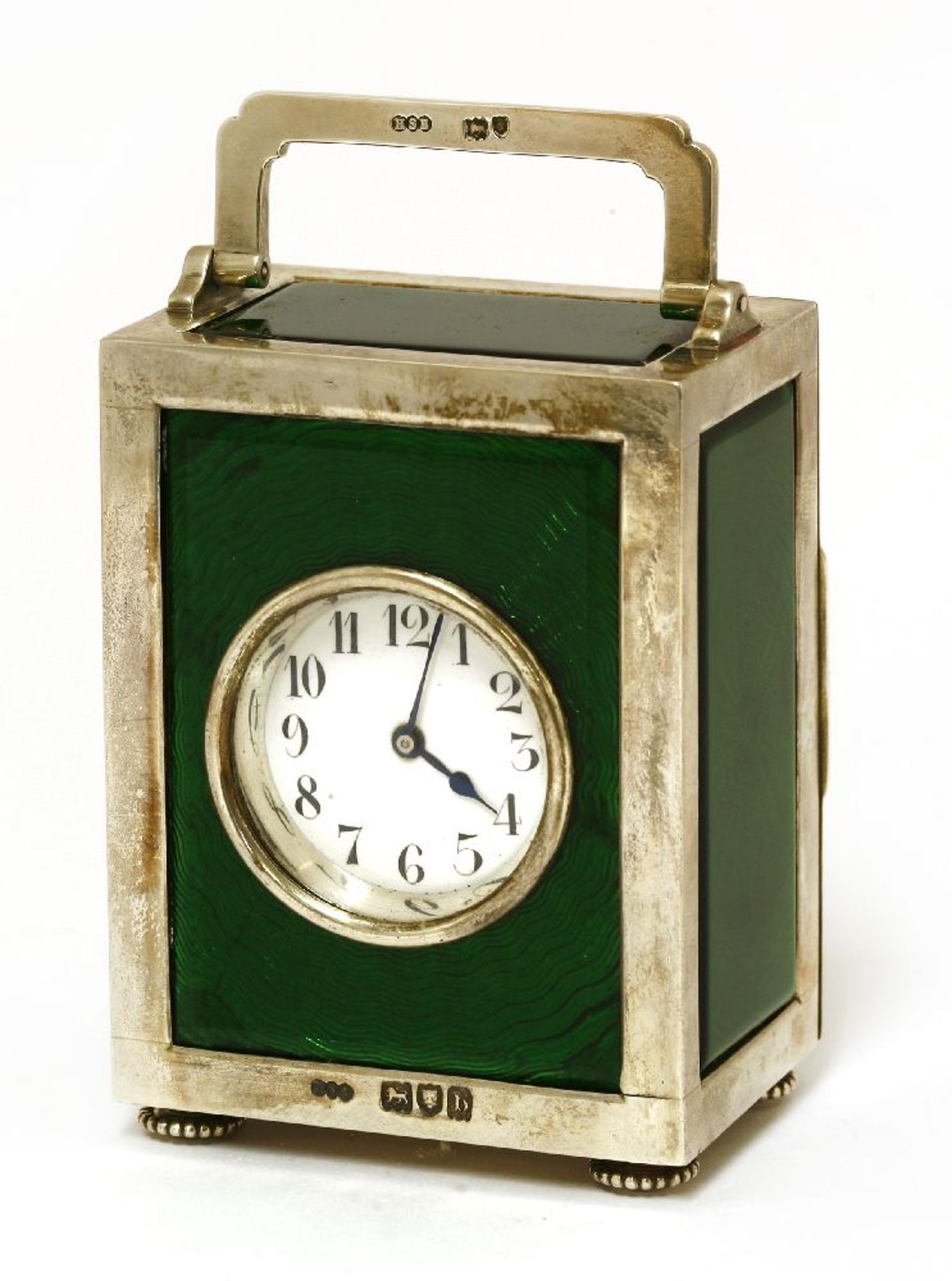 A late Victorian silver, emerald green enamel and glass, panelled carriage timepiece, by H S