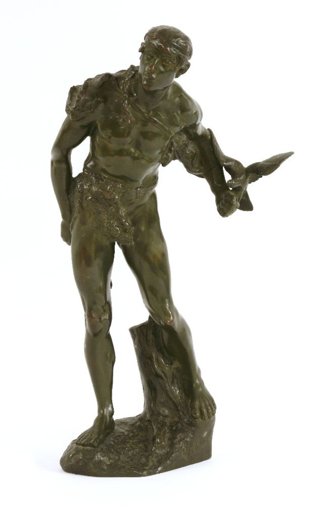A French bronze figure,19th century, of a man wearing skins, holding a bird, indistinctly signed '