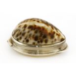 A George III Irish silver-mounted cowrie shell snuff box,by Aeneas Ryan, Dublin, 1807,stamped with