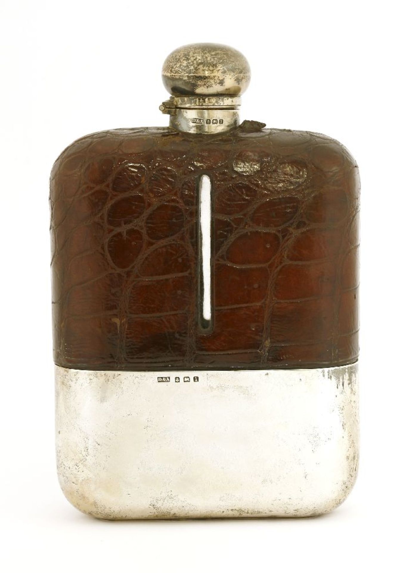 A large silver and crocodile skin bound flask,by Daniel & Arter, Birmingham, 1910, with an hinged