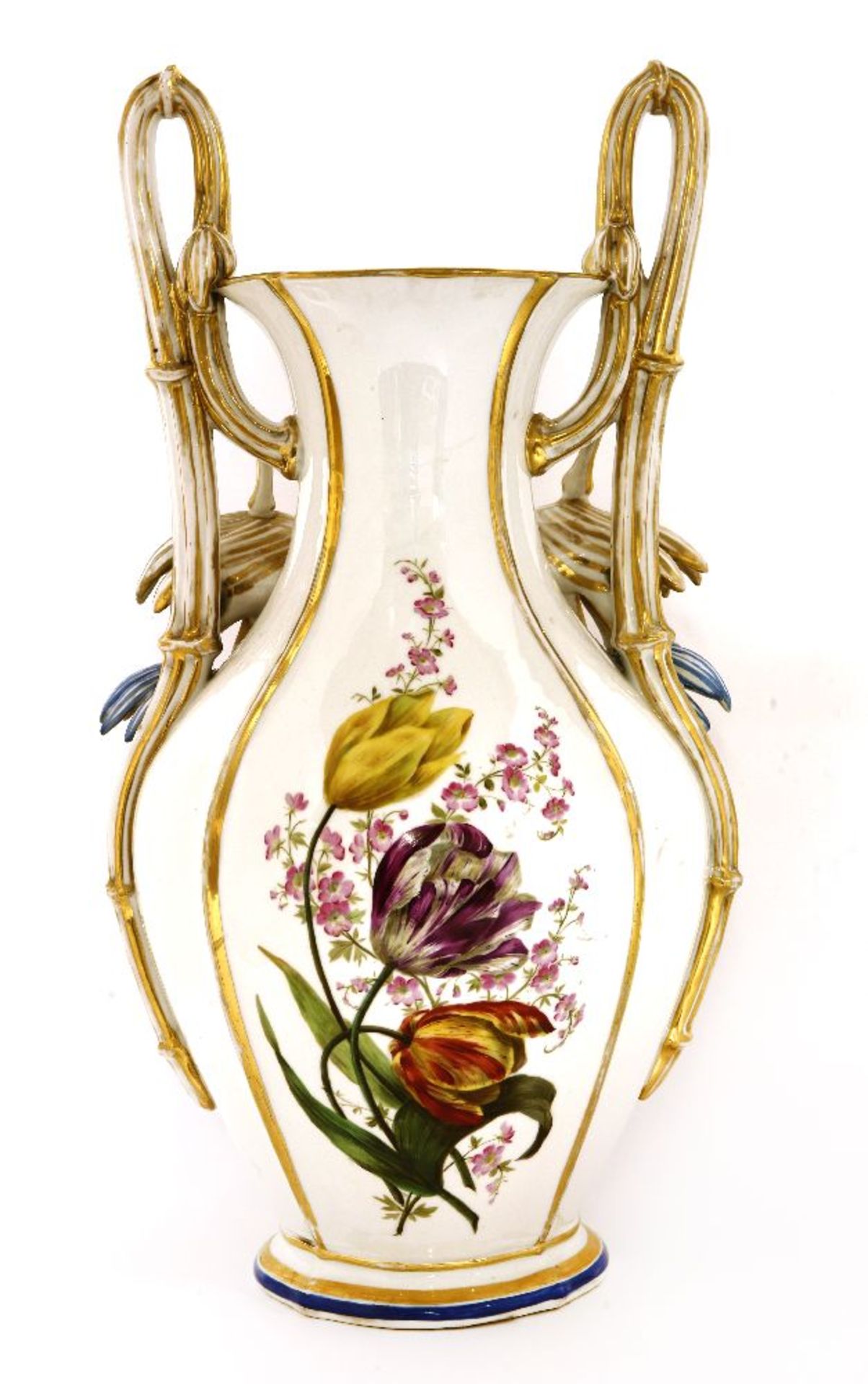 A Napoleon III Paris porcelain twin-handled vase,with simulated bamboo loop handles over a palm - Image 2 of 2