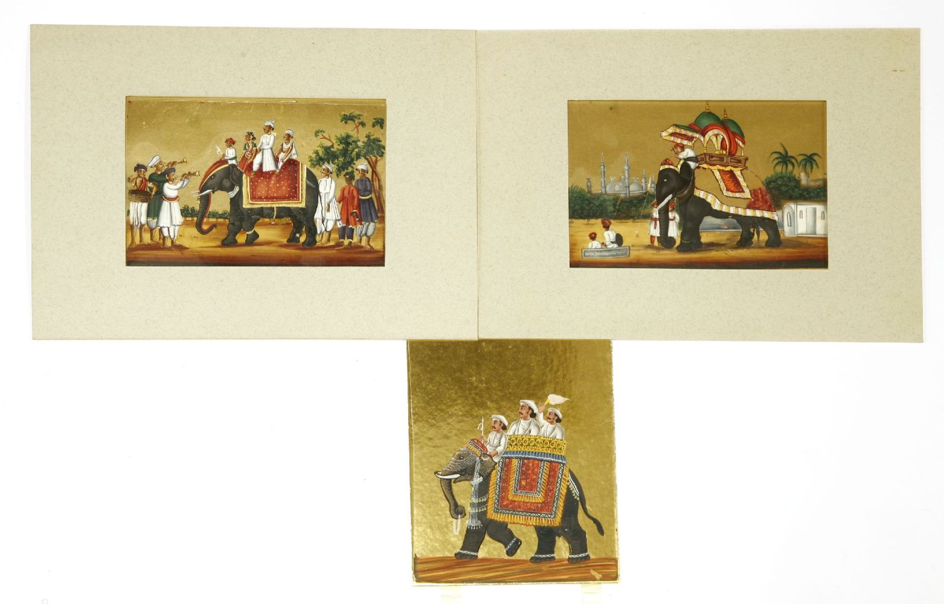 Three Indian paintings on mica,early 19th century, a mahout and attendants on an elephant and two