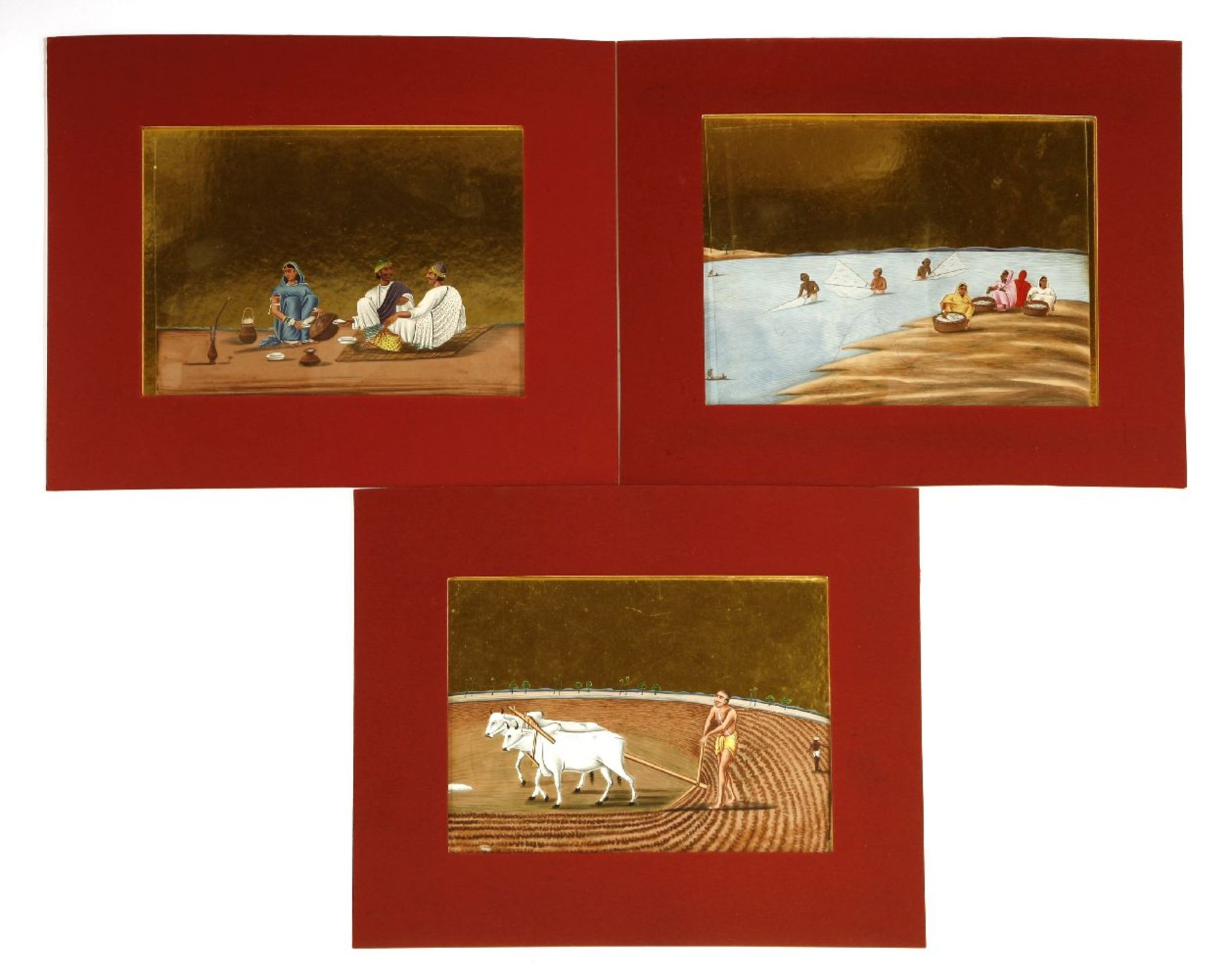 Three Indian paintings on mica,c.1815, Patna, depicting ploughing, fishing and shopping,14 x 17.