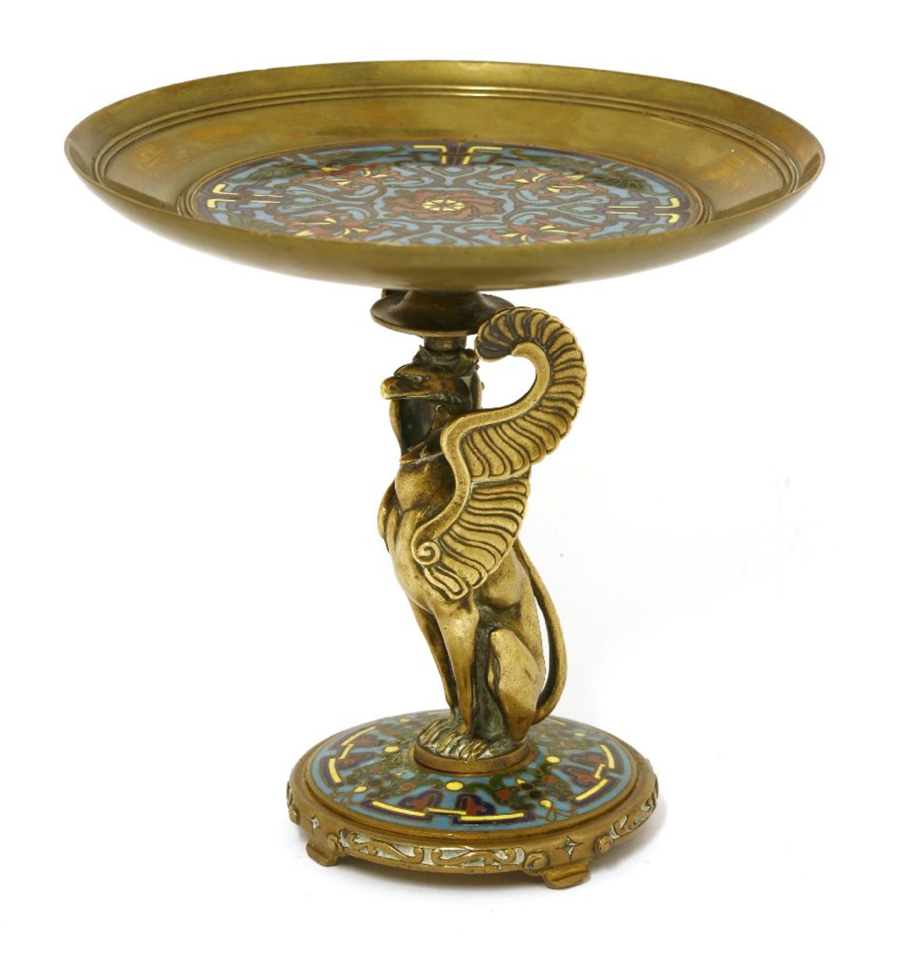 Ferdinand Barbedienne (French, 1810-1892),late 19th century, a gilt bronze and cloisonné tazza,