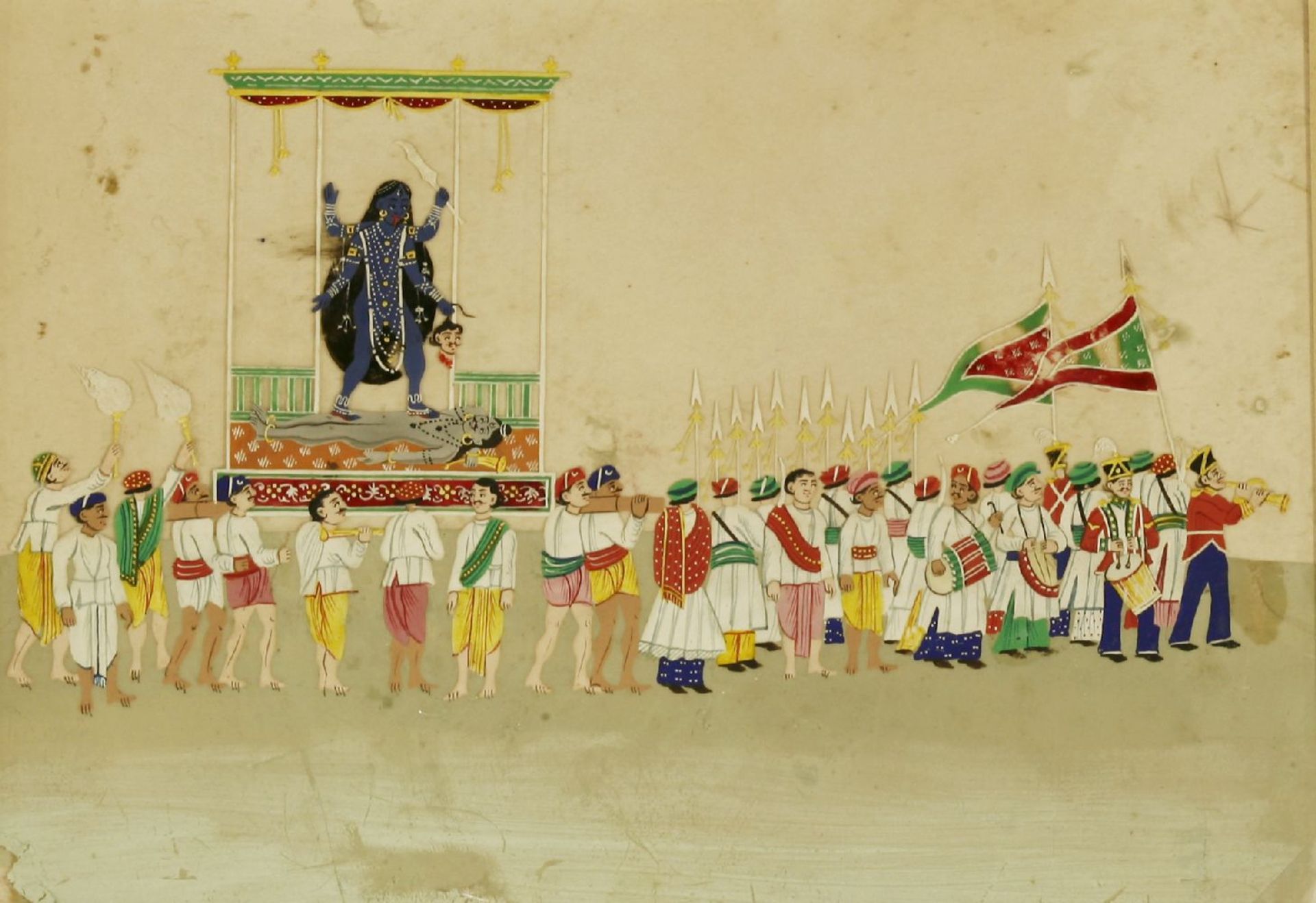 A large Indian painting on mica,early 19th century, possibly Murshidabad, procession of Kali,14.5