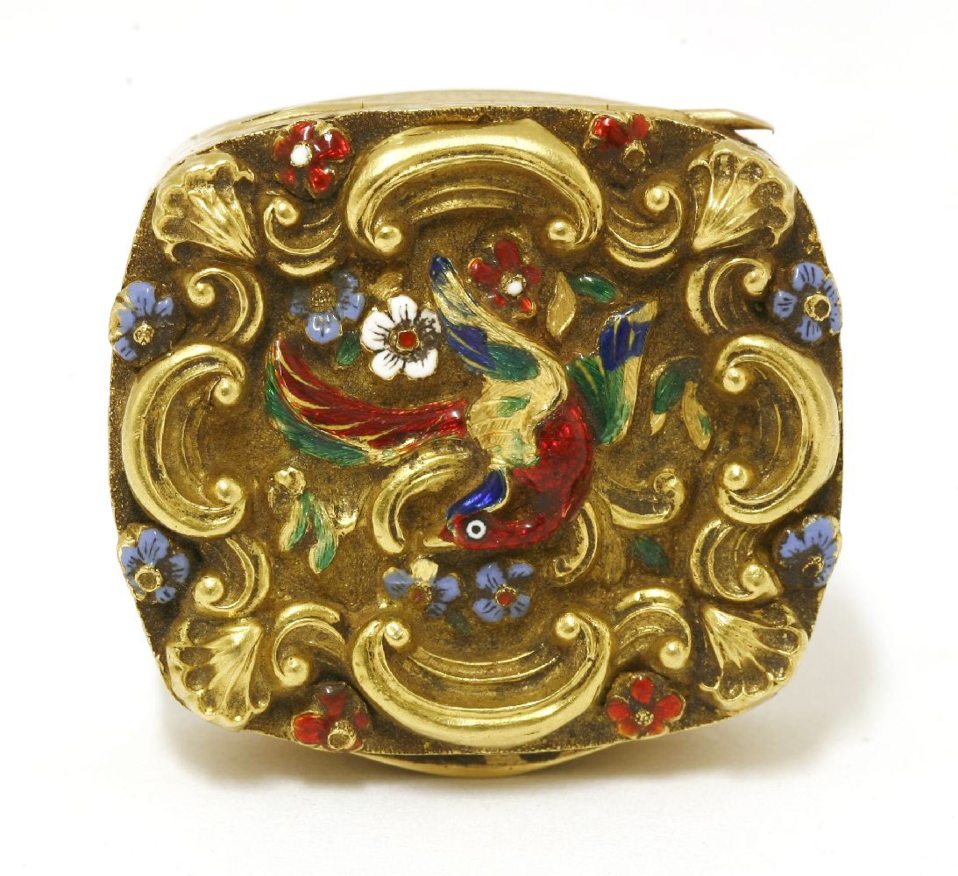 A French gold vinaigrette,unmarked,the lid with repoussé decoration of a bird amongst flowers - Bild 3 aus 3