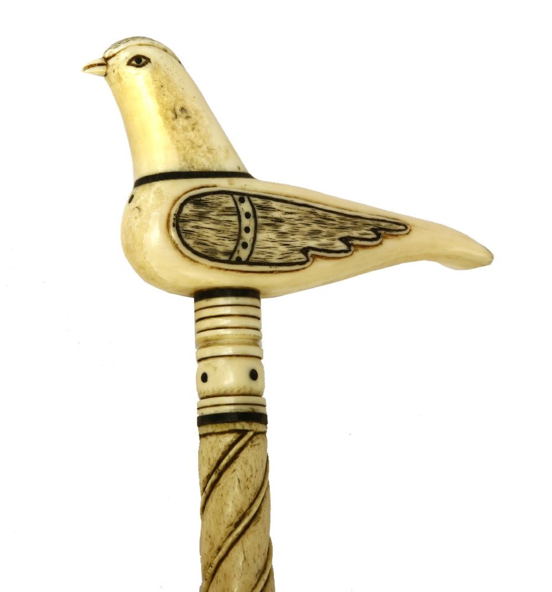 A whalebone and baleen walking stick,the handle carved in the form of dove from whale tooth, with - Bild 2 aus 2