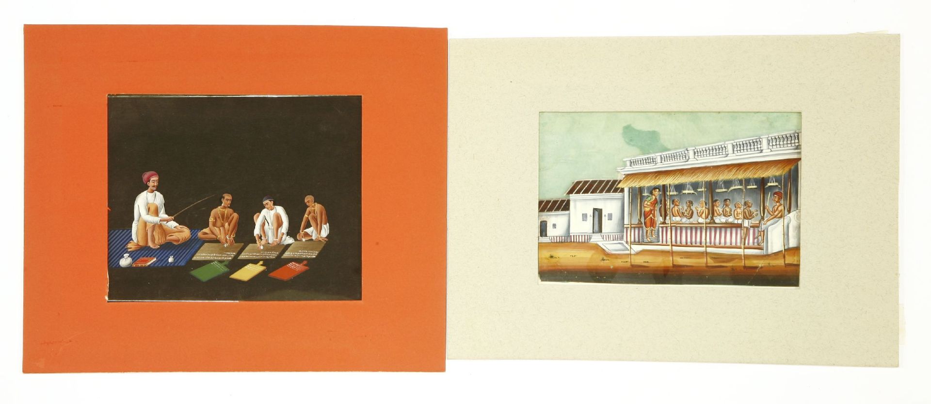 Two Indian paintings on mica,early 19th century, representing a school and a teacher brandishing a