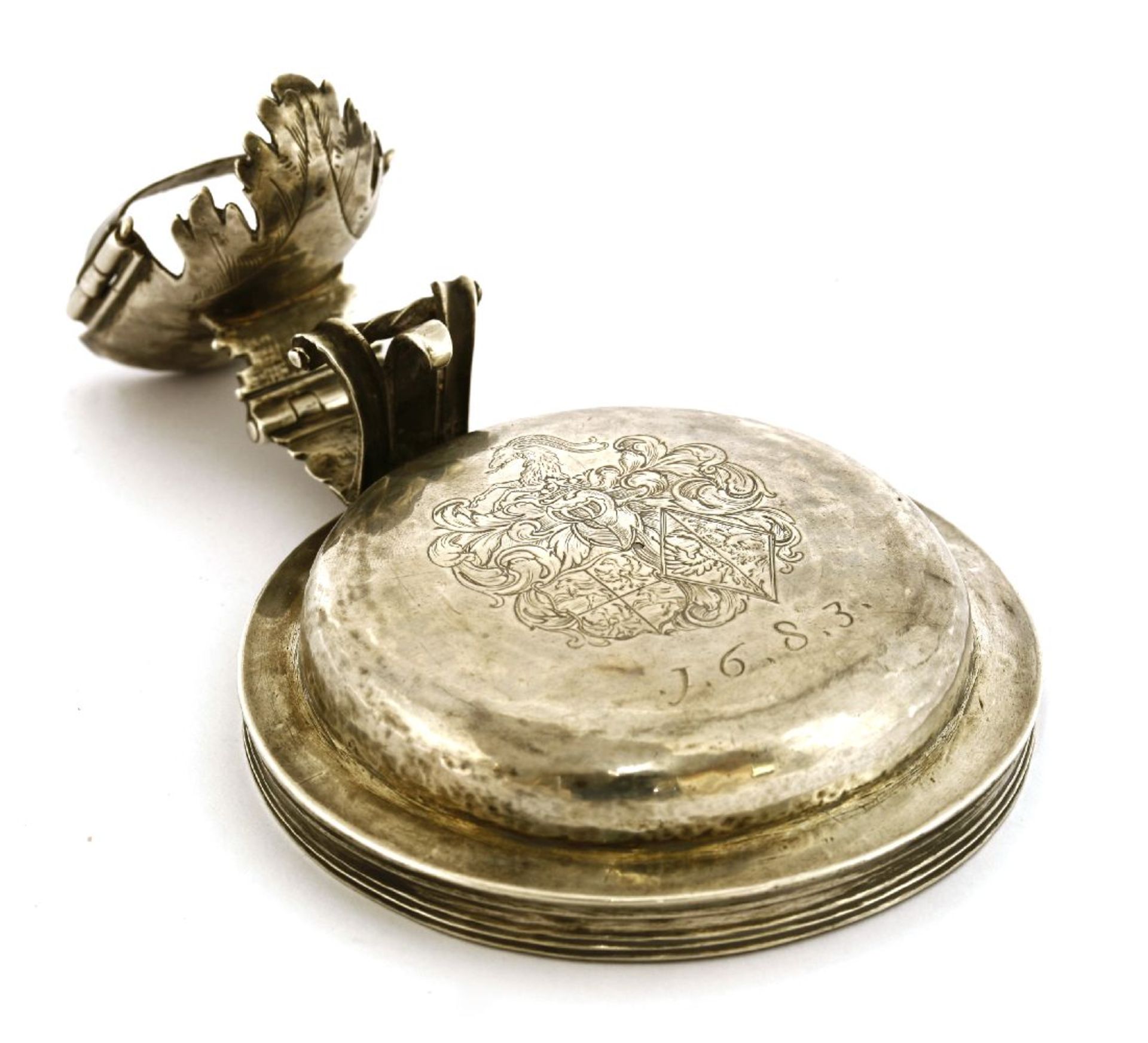 A Dutch silver tankard mount,engraved with an armorial and dated '1683', initialled M E F below